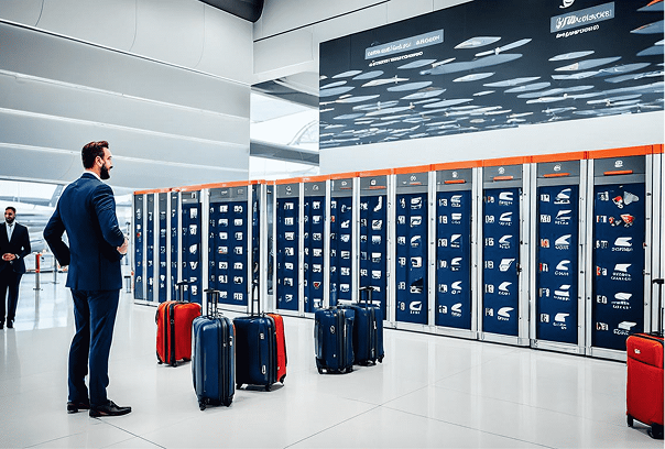 Luggage stored on shelves