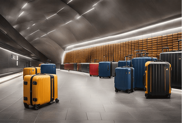 Luggage stored on shelves