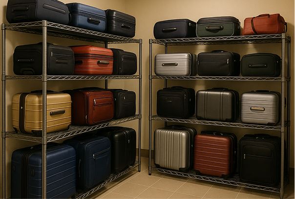 Luggage stored on shelves